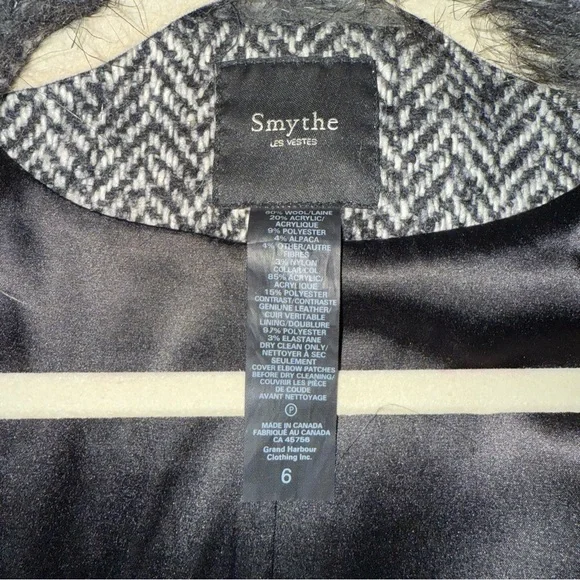 Smythe Herringbone Blazer with leather patches and Faux Fur Collar sz 6 - Picture 9 of 9